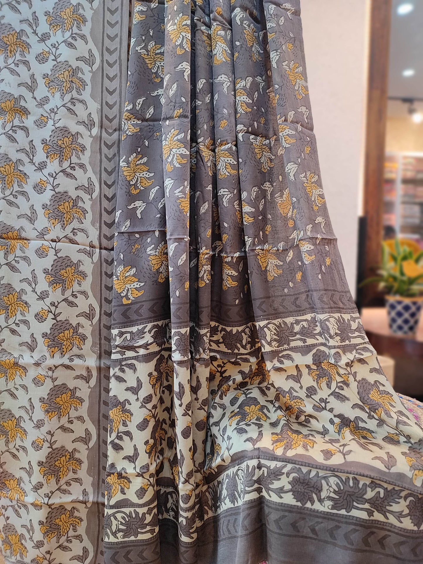Floral Stone Grey and Yellow Vanaspati Modal Silk Handblock Printed Suit Set