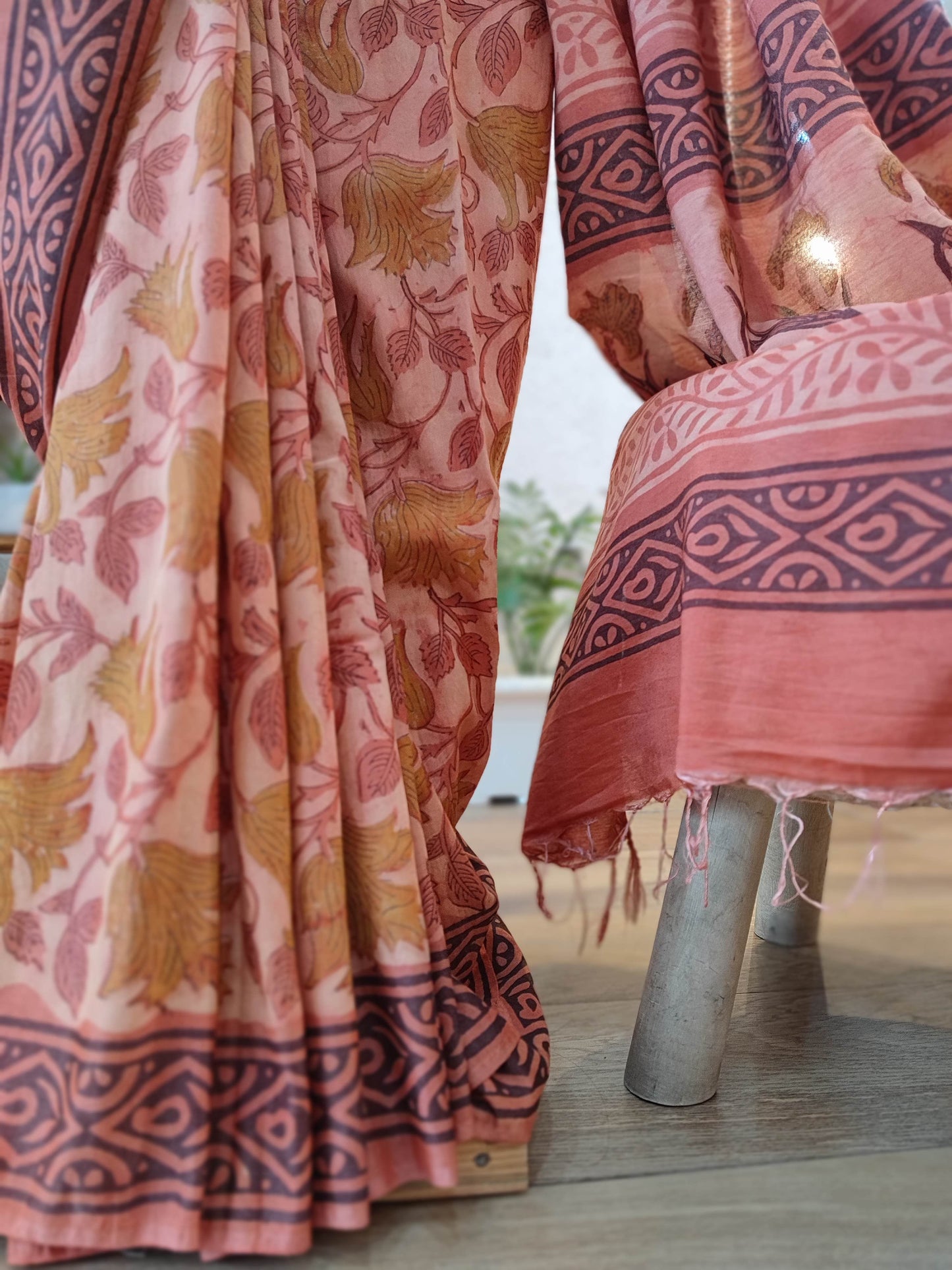 Salman Pink Vanaspati Ajrakh Modal Silk Handblock Printed Saree