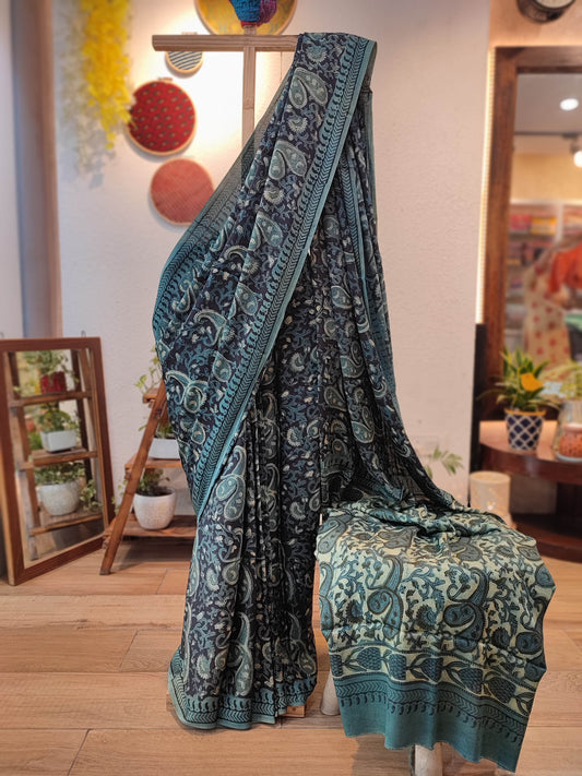 Indigo Vanaspati Ajrakh Modal Silk Handblock Printed Saree