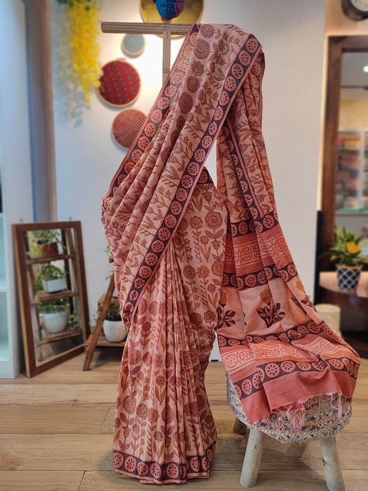 Rouge Vanaspati Ajrakh Modal Silk Handblock Printed Saree