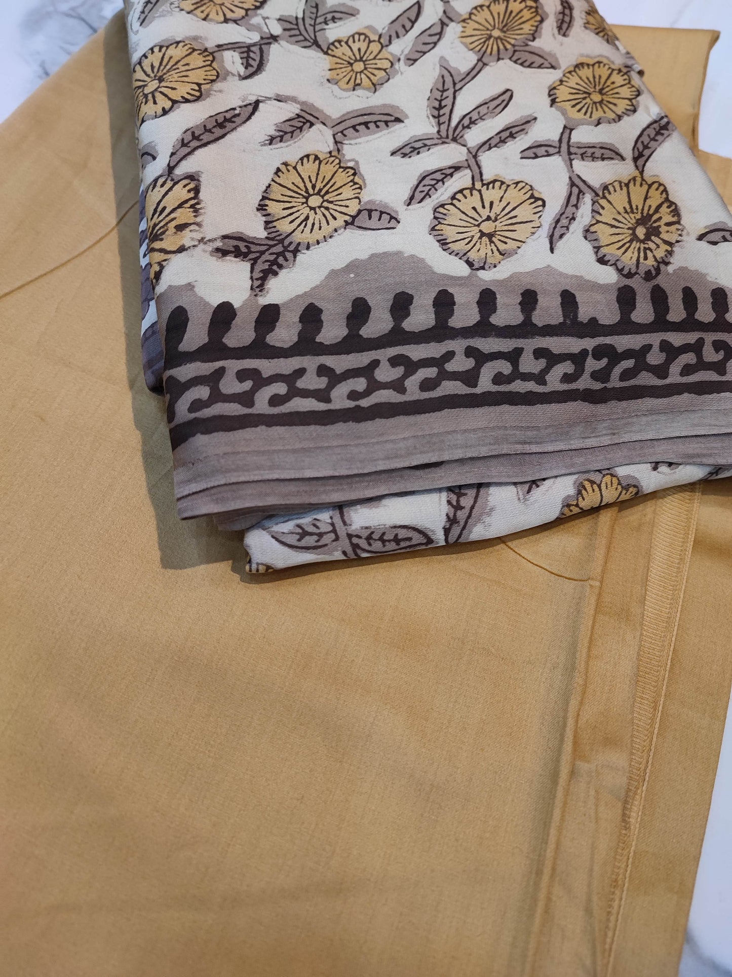 Floral Stone Grey and Yellow Vanaspati Modal Silk Handblock Printed Suit Set