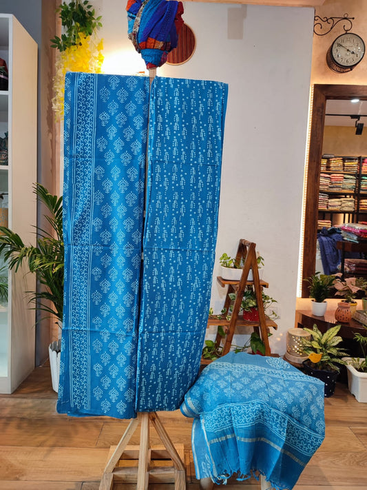 Sapphire Blue Blockprinted Cotton Suit Set with Kota Doria Dupatta