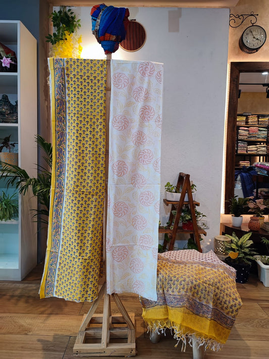 Sun-kissed Yellow  Block printed Cotton Suit Set with Kota Doria Dupatta