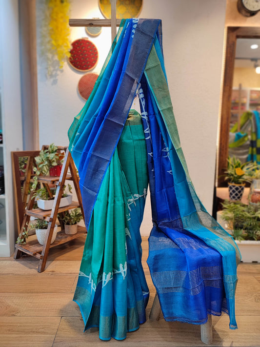 Teal Green and Blue Pure Tassar Silk Printed Saree