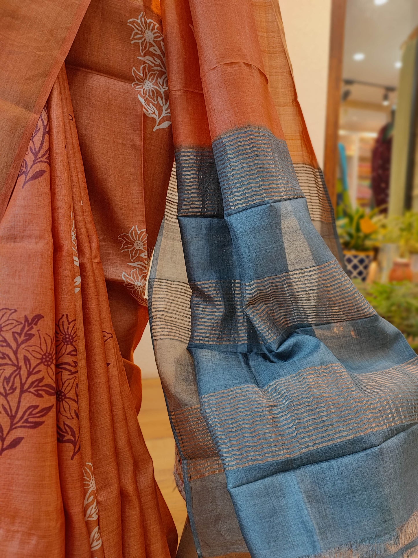 Rustic orange and blue Pure Tassar Silk Printed Saree