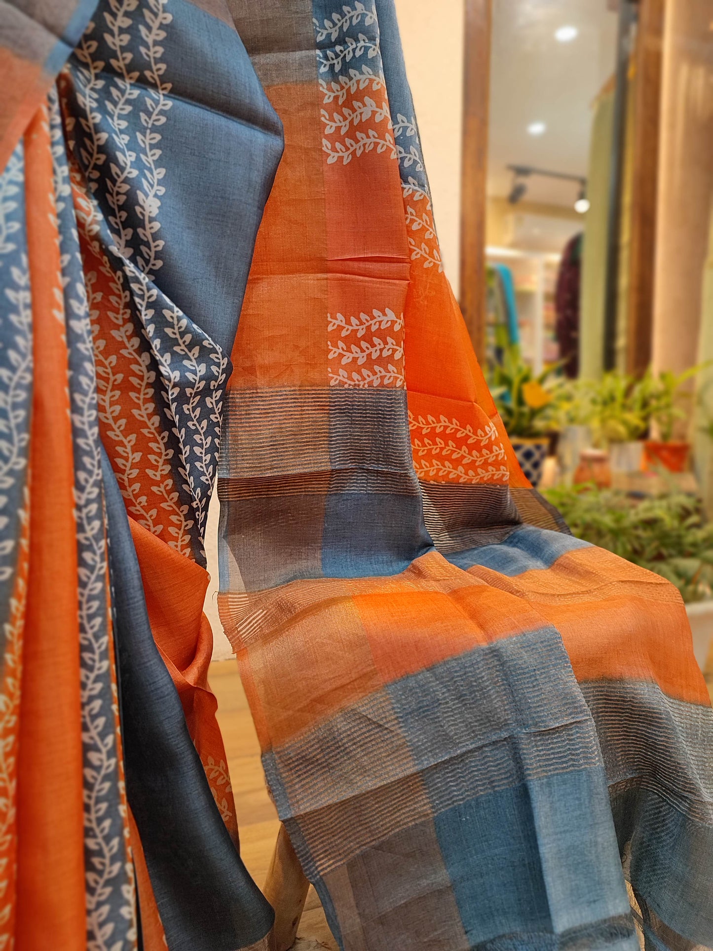 Pumpkin orange and Blue Pure Tassar Silk Printed Saree