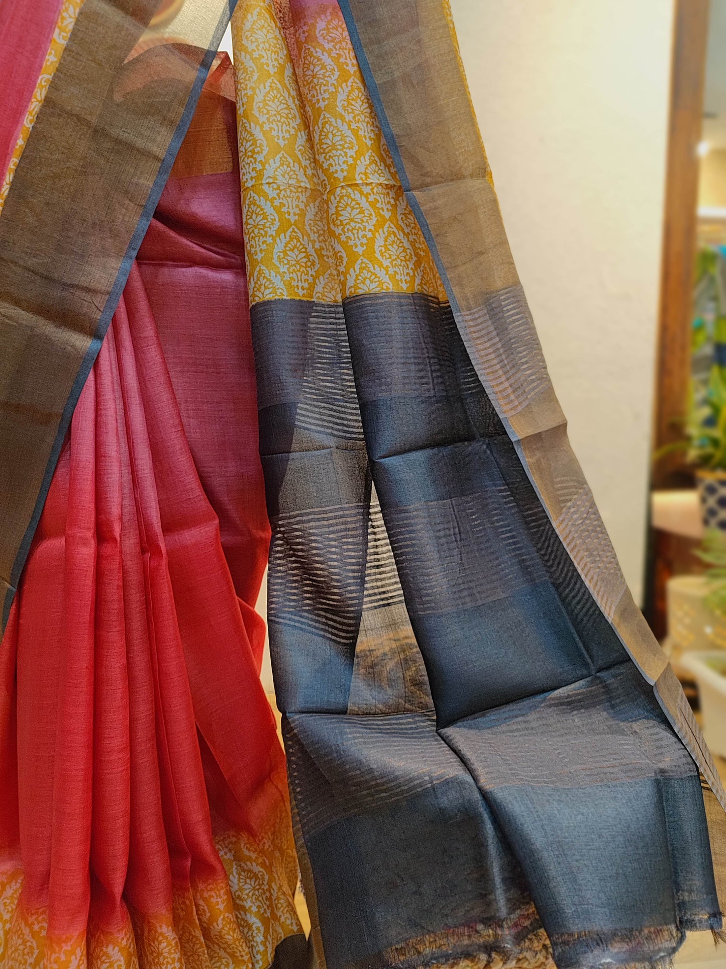 Punch Pink Pure Tassar Silk Printed Saree