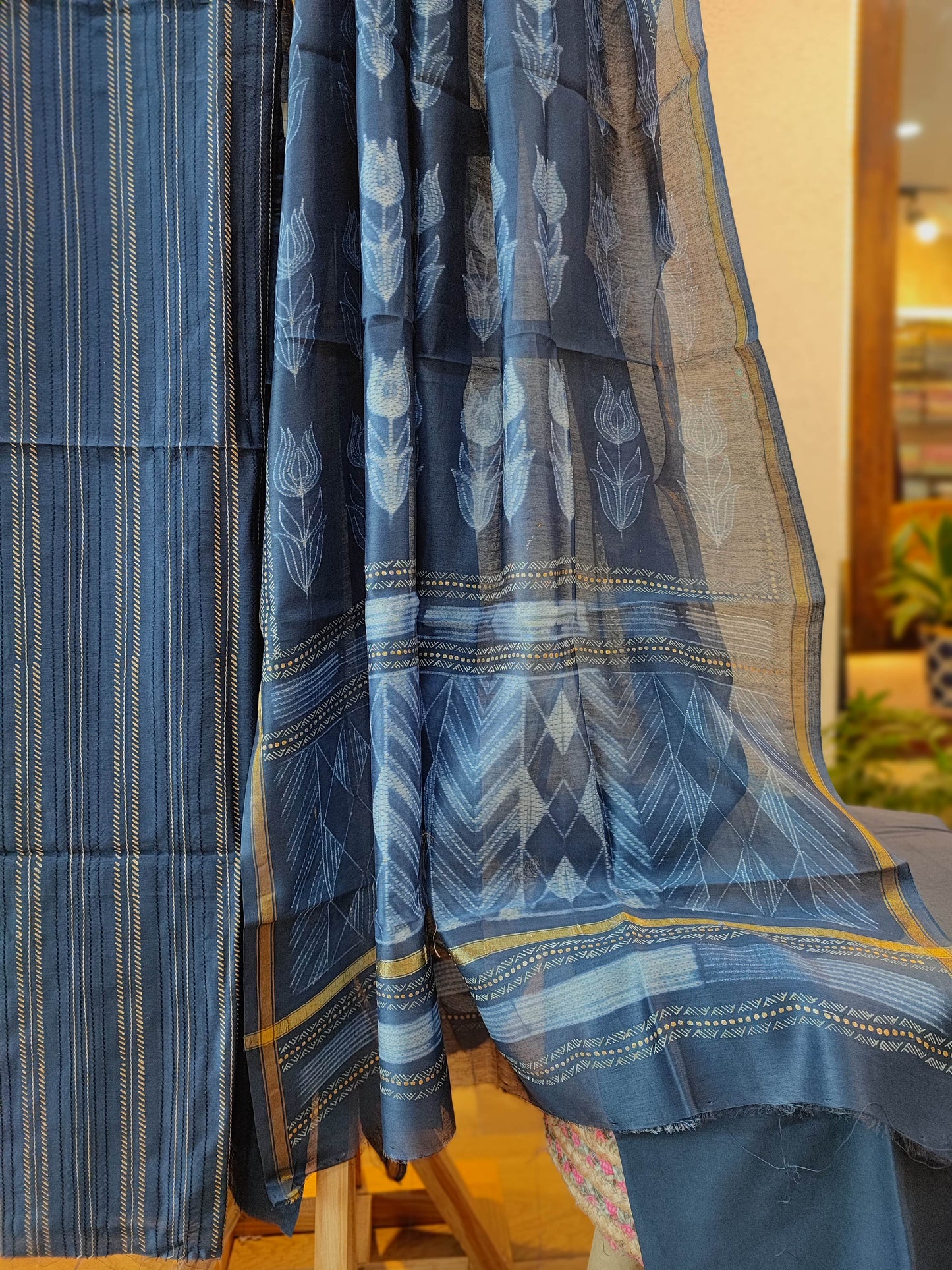 Midnight Blue Chanderi Silk Suits with Chanderi Shibori Dupatta