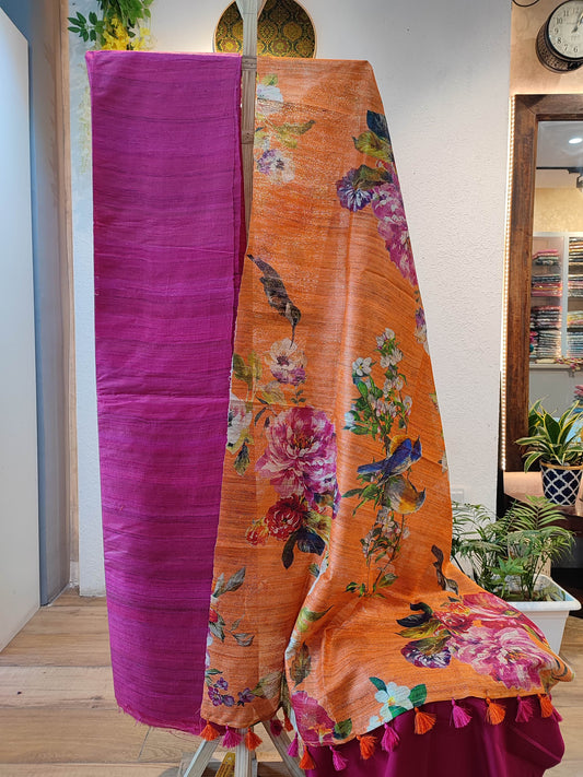 Megenta Pink Tussar Gheecha Silk Suit With Orange Floral Dupatta
