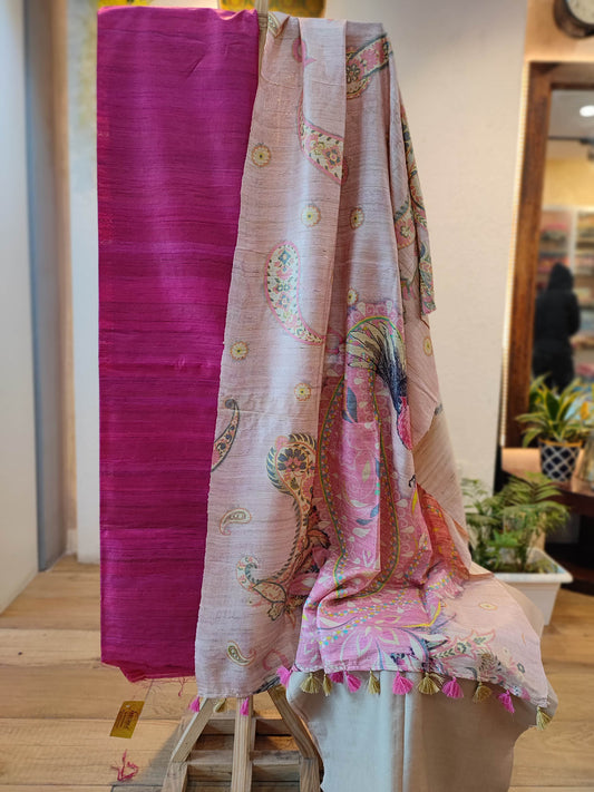 Megenta Pink Tussar Gheecha Silk Suit With Floral Dupatta