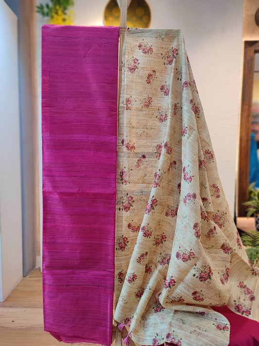 Megenta Pink Tussar Gheecha Silk Suit With Soft Beige Floral Dupatta