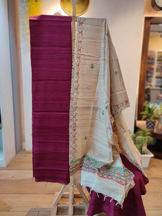 Mulberry Pink Full Tussar Gheecha Silk Suit With Soft Beige hand-painted Dupatta