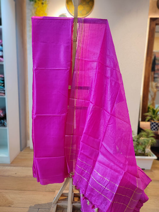 Electric Pink Pure Tussar Gheecha Silk Suit With Dupatta