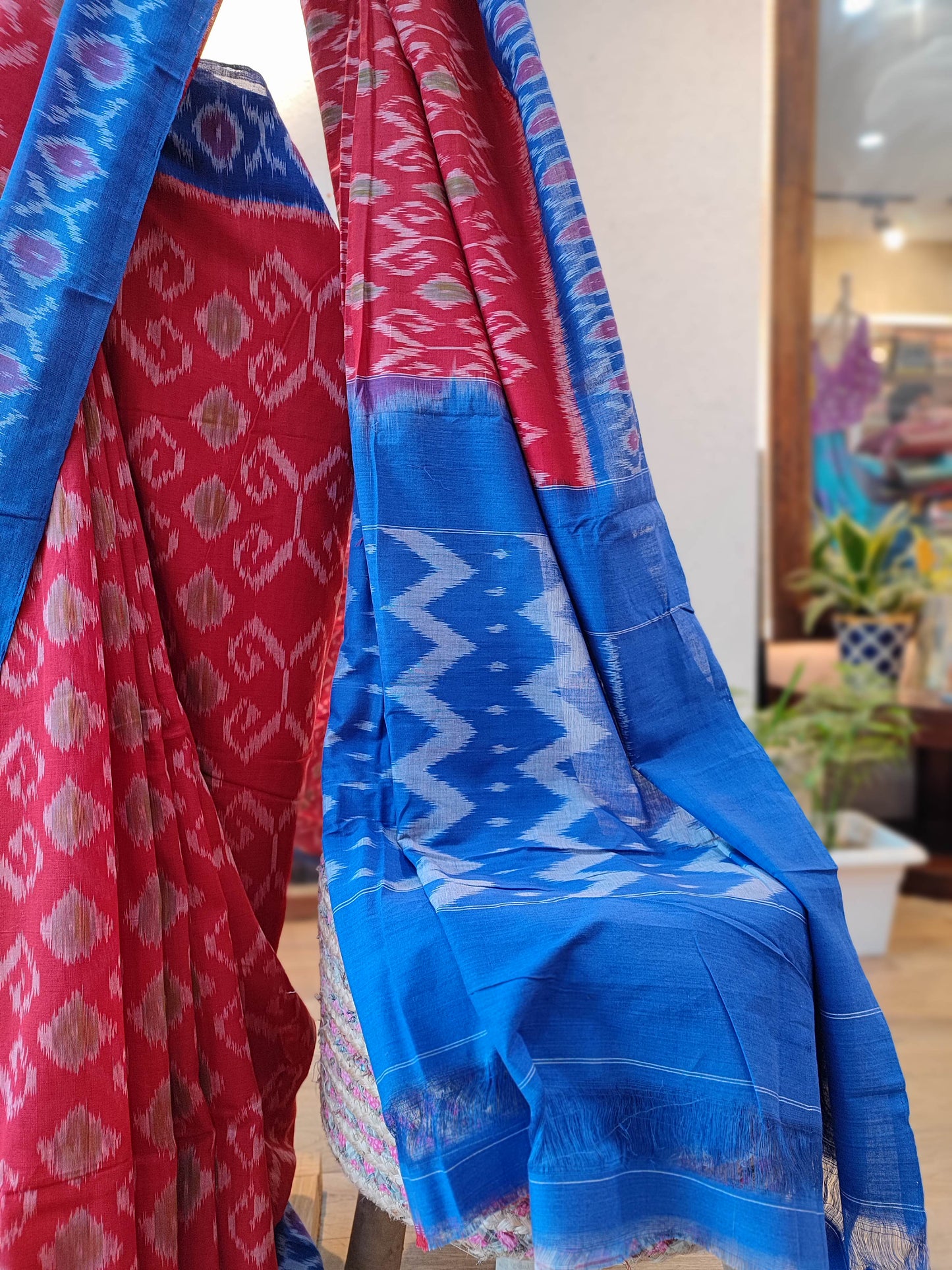 Red and Blue Mercerized Fine Cotton Ikkat Saree with Contrast blouse