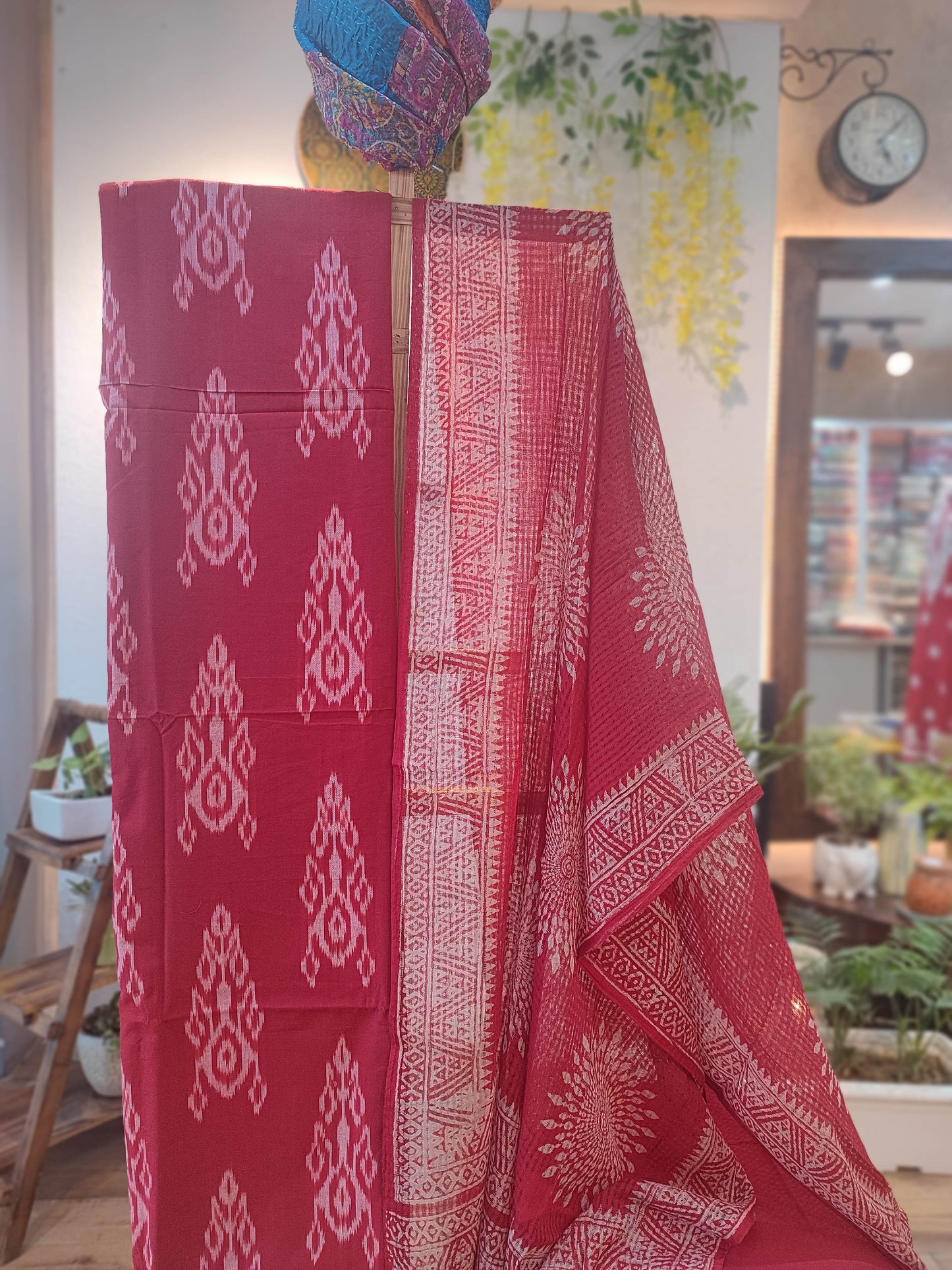 Red Pure Cotton Handloom Ikkat Suit Set