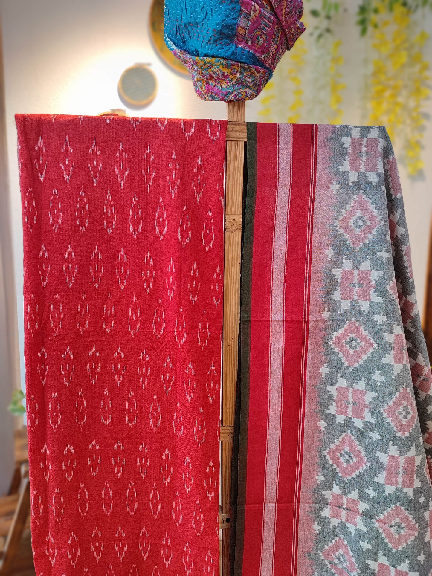 Red Pure Cotton Handloom Ikkat Suit Set