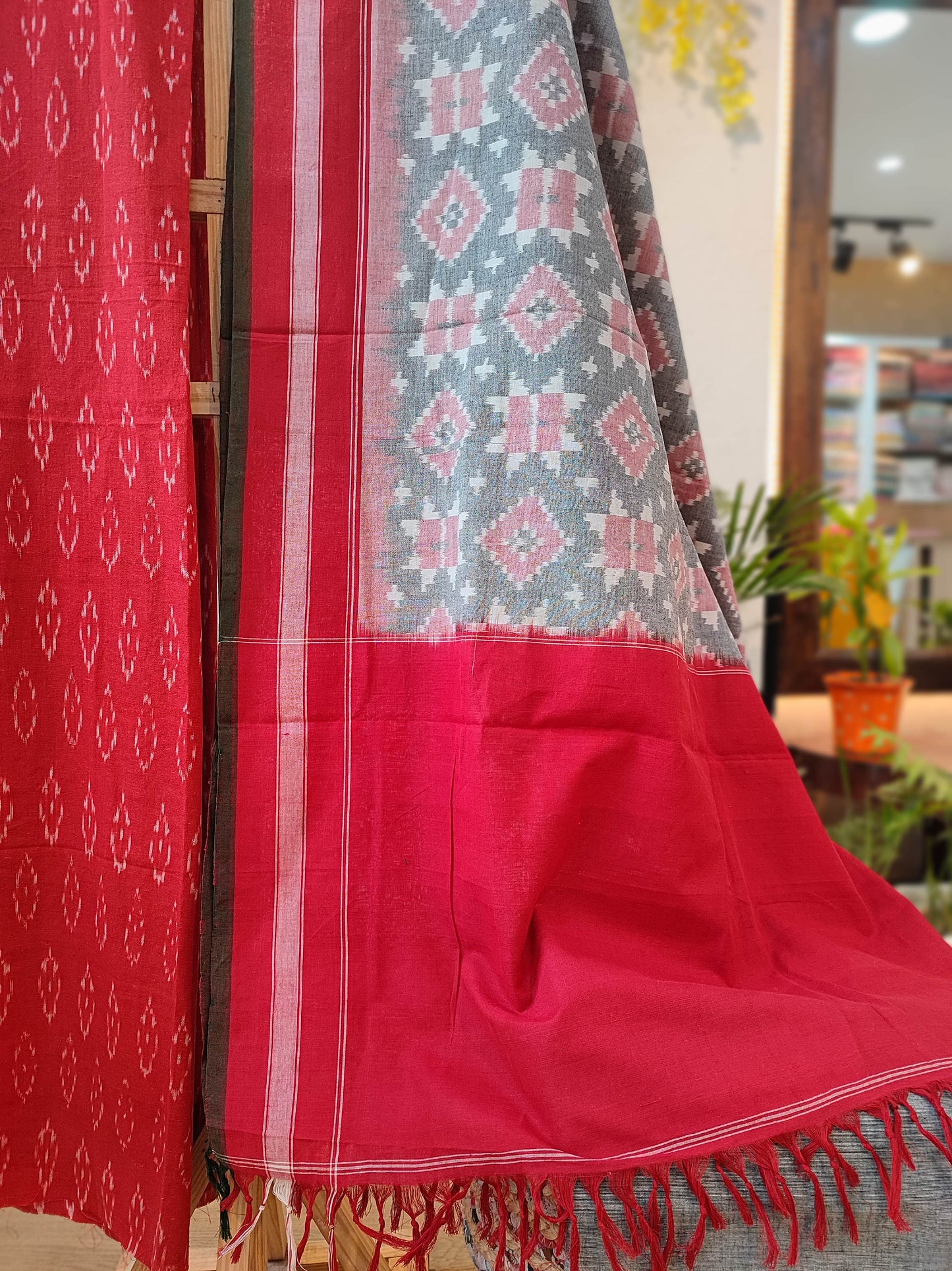 Red Pure Cotton Handloom Ikkat Suit Set