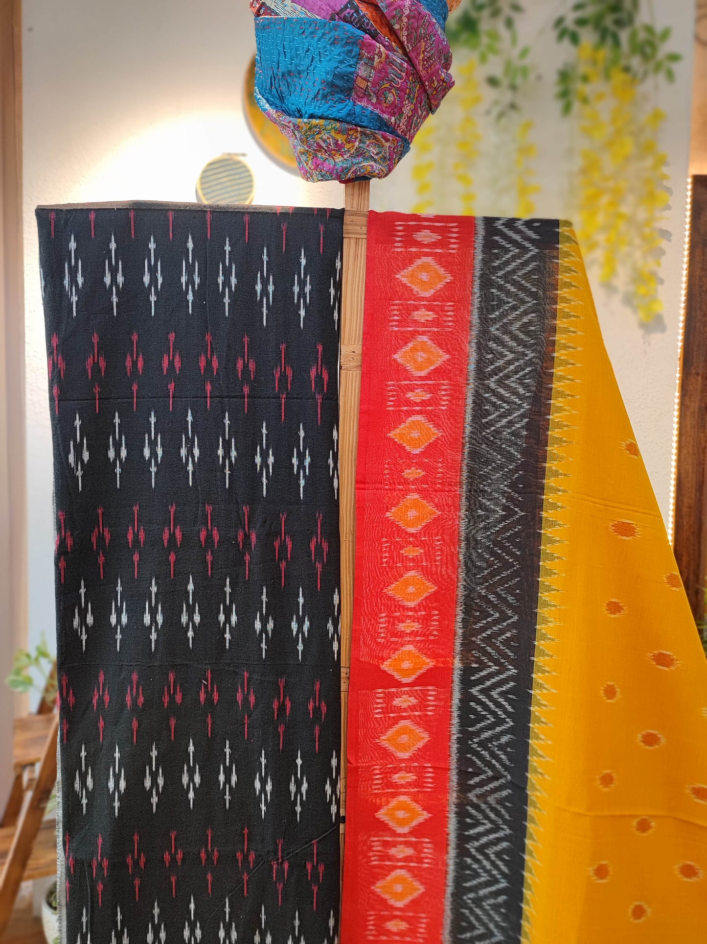 Black and Yellow Pure Cotton Handloom Ikkat Suit Set