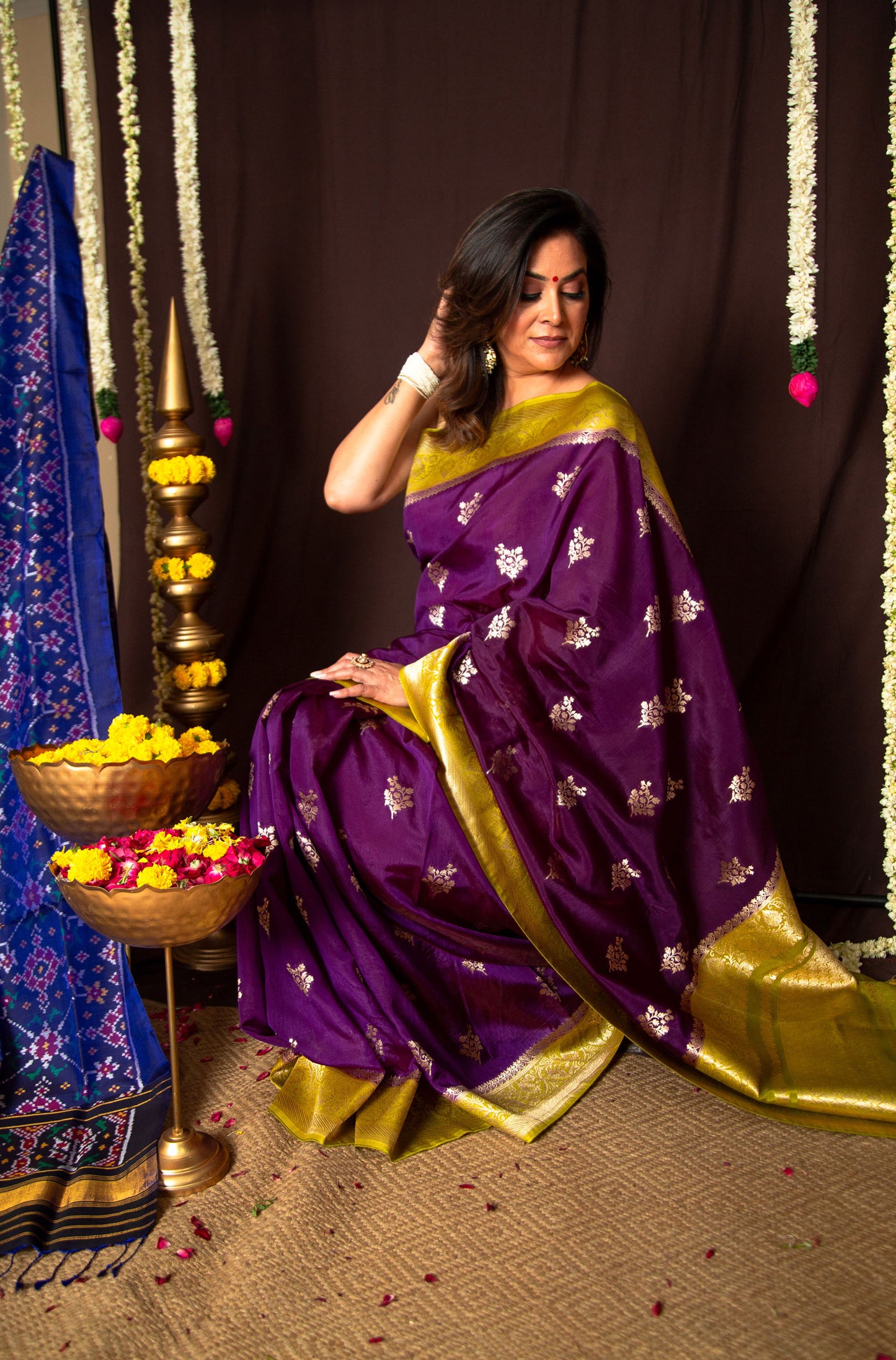 Purple Banarasi Saree with Golden Green Weaving
