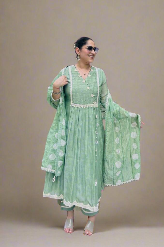 Sage Green Mul Chanderi Suit With Hand Embroidery and Mul Chanderi Dupatta