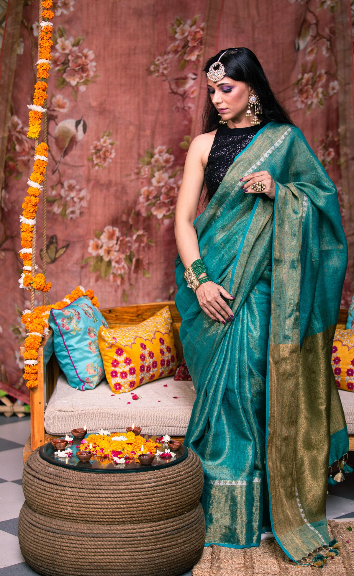 Teal Green Premium Tissue Linen Saree - Elegant draping fabric in rich teal green color