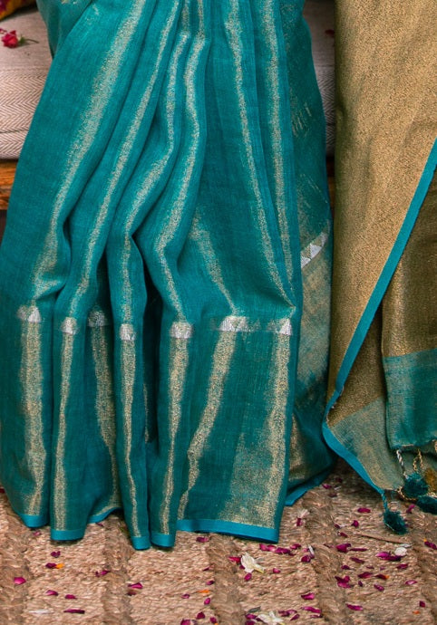 Close-up view of intricate weave details and texture of Teal Green Premium Tissue Linen Saree