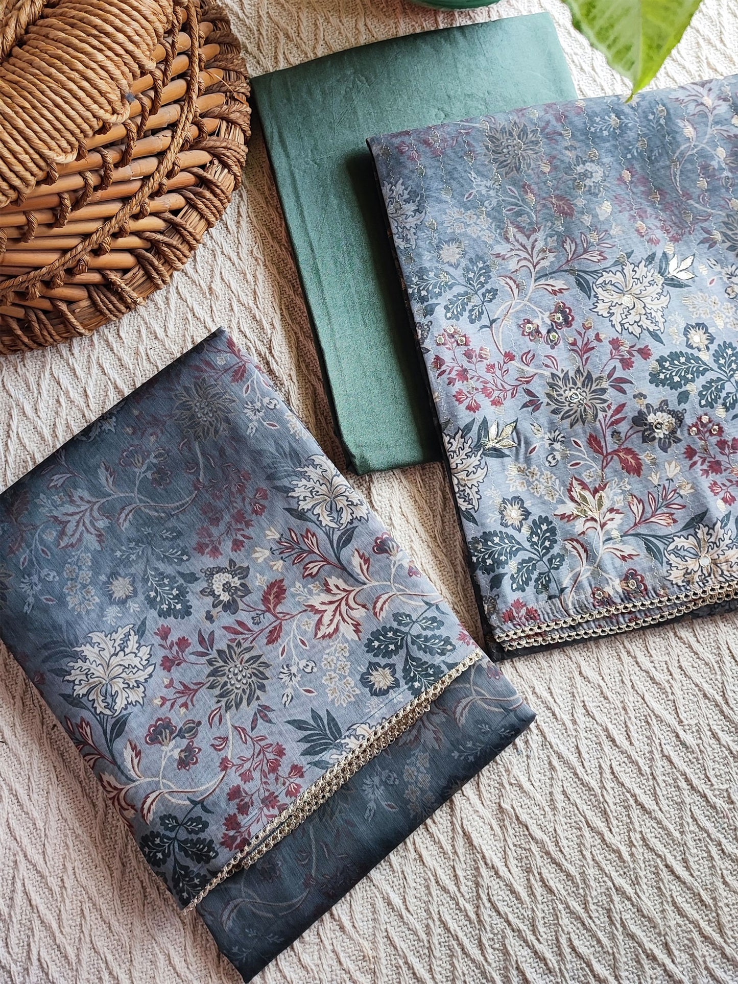 Steel Blue Chanderi Silk Suit with Self Weaving Pattern & Chanderi Dupatta