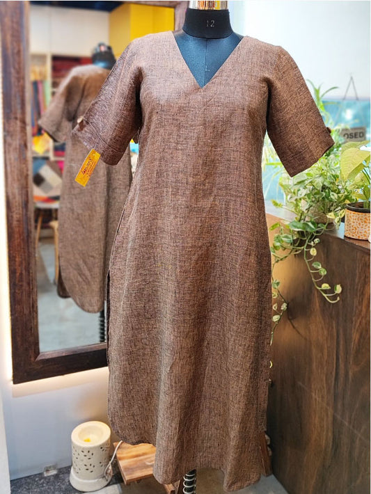 Toasted Brown Pure Linen Loose Fit Kurta with Pocket Detailing (V Neck)