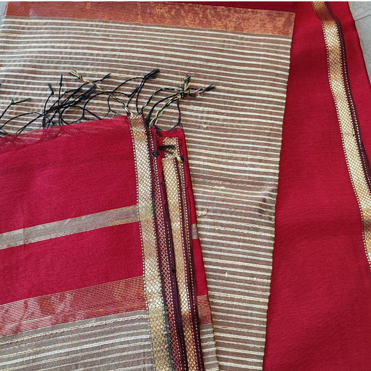 Red Maheshwari Silk Handcrafted Saree
