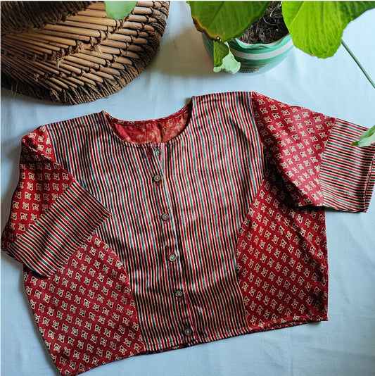 Rustic Red Mashru Silk Handblock Printed Contemporary Blouse/ Crop Top