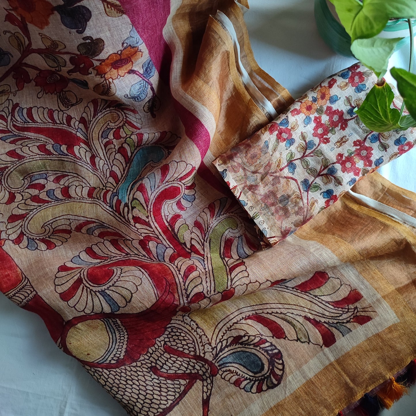 Kalamkari Linen Printed Saree with Tassels Detailing