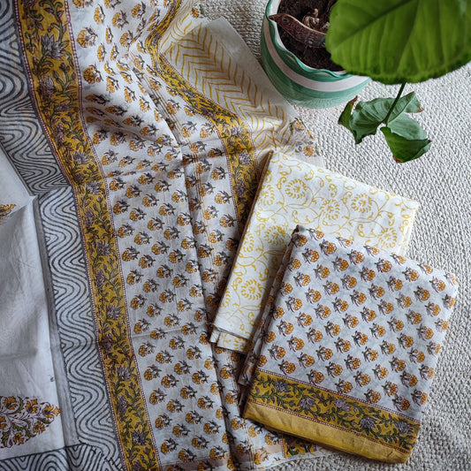 Yellow & White Chanderi Silk Handblock Printed Suit Set