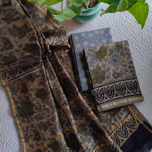 True Hazel and Hale Chanderi Silk Suit Set with Floral Handblock Prints