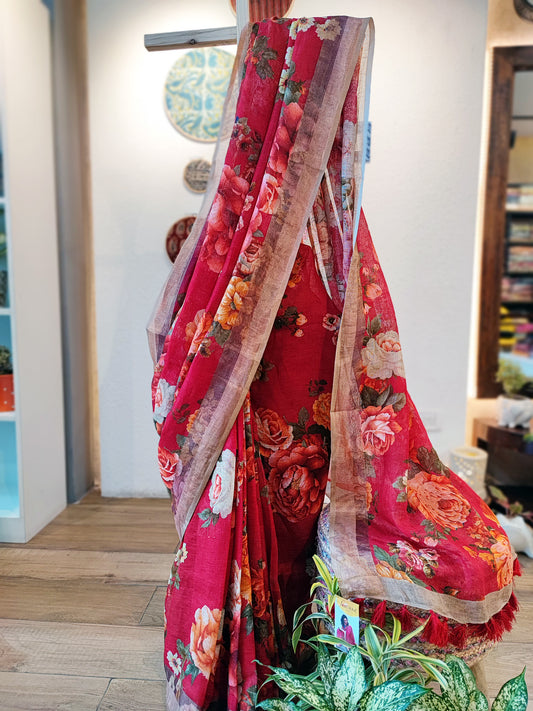 Rhubarb Red Linen Floral Printed Saree with Tassels Detailing