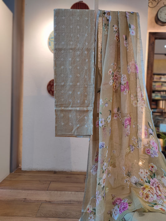 Beige Linen by cotton Printed Suit Sets
