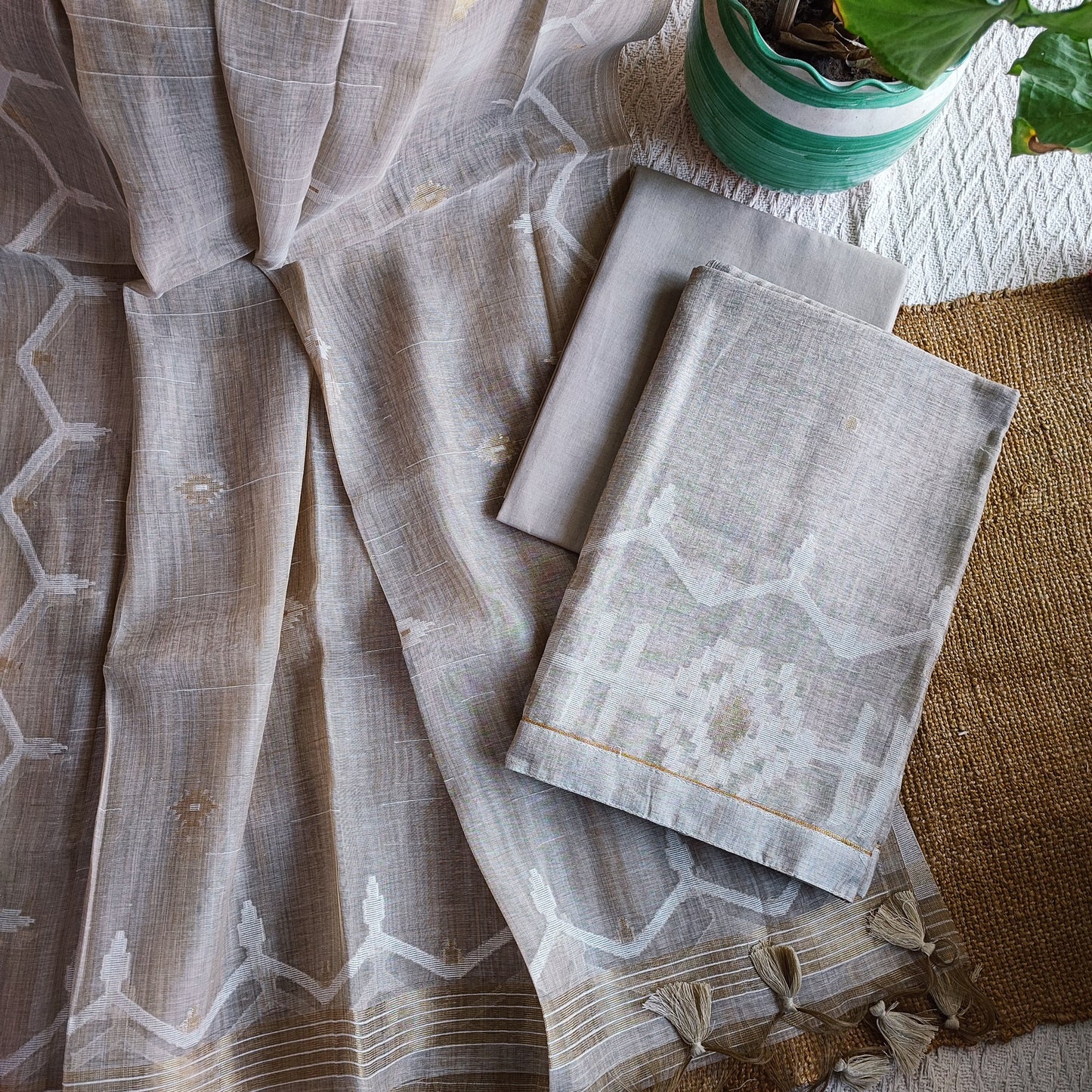 Beige Chanderi Silk by Resham Woven Jamdani Suit