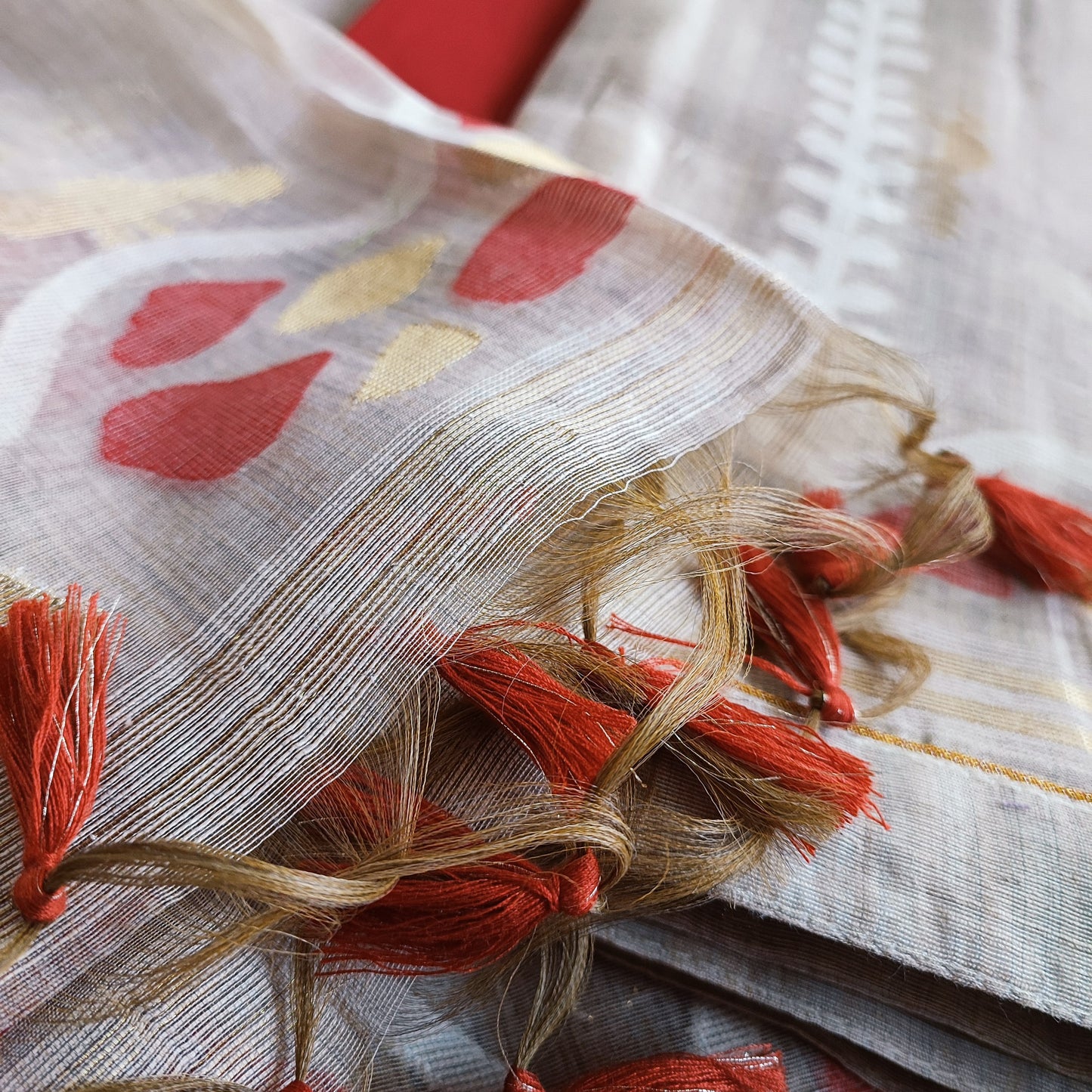Red and Beige Chanderi Silk by Resham Woven Jamdani Suit