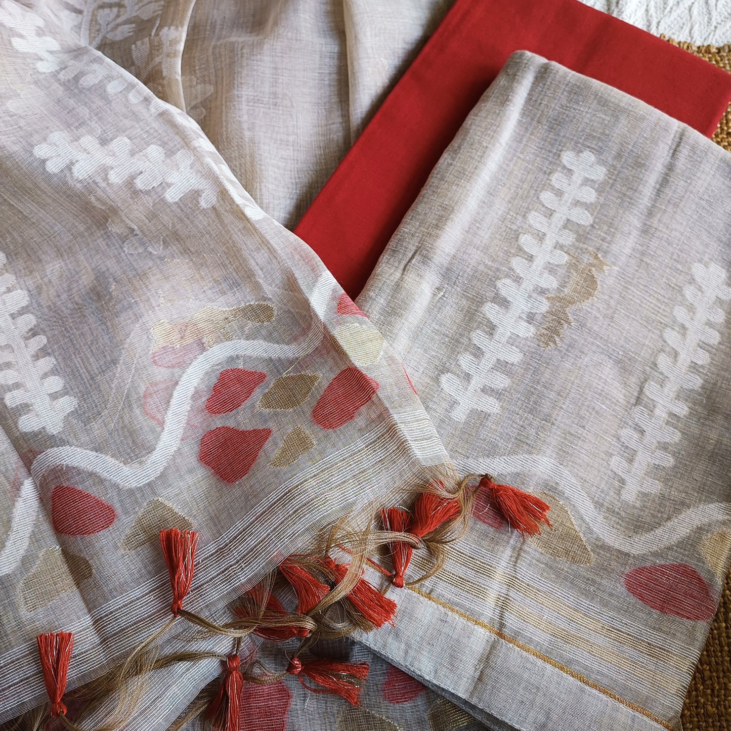 Red and Beige Chanderi Silk by Resham Woven Jamdani Suit