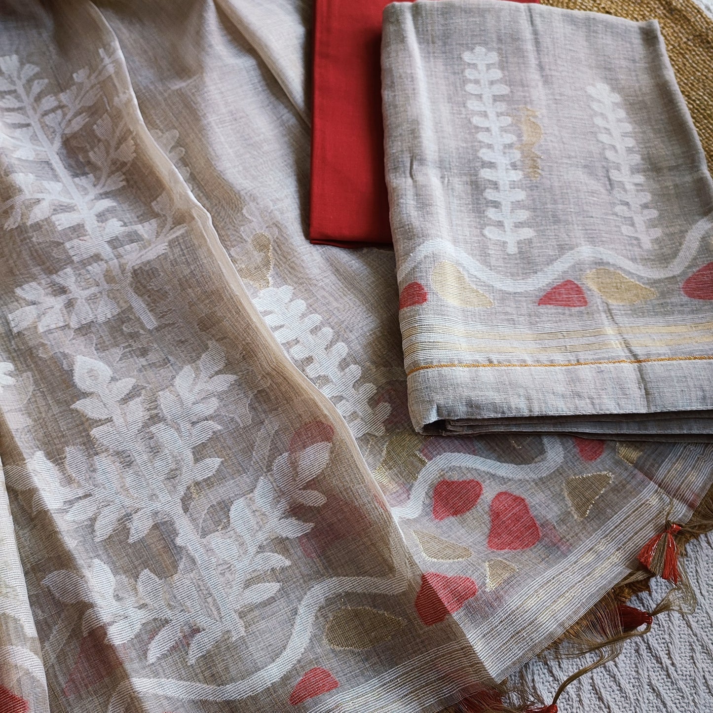 Red and Beige Chanderi Silk by Resham Woven Jamdani Suit