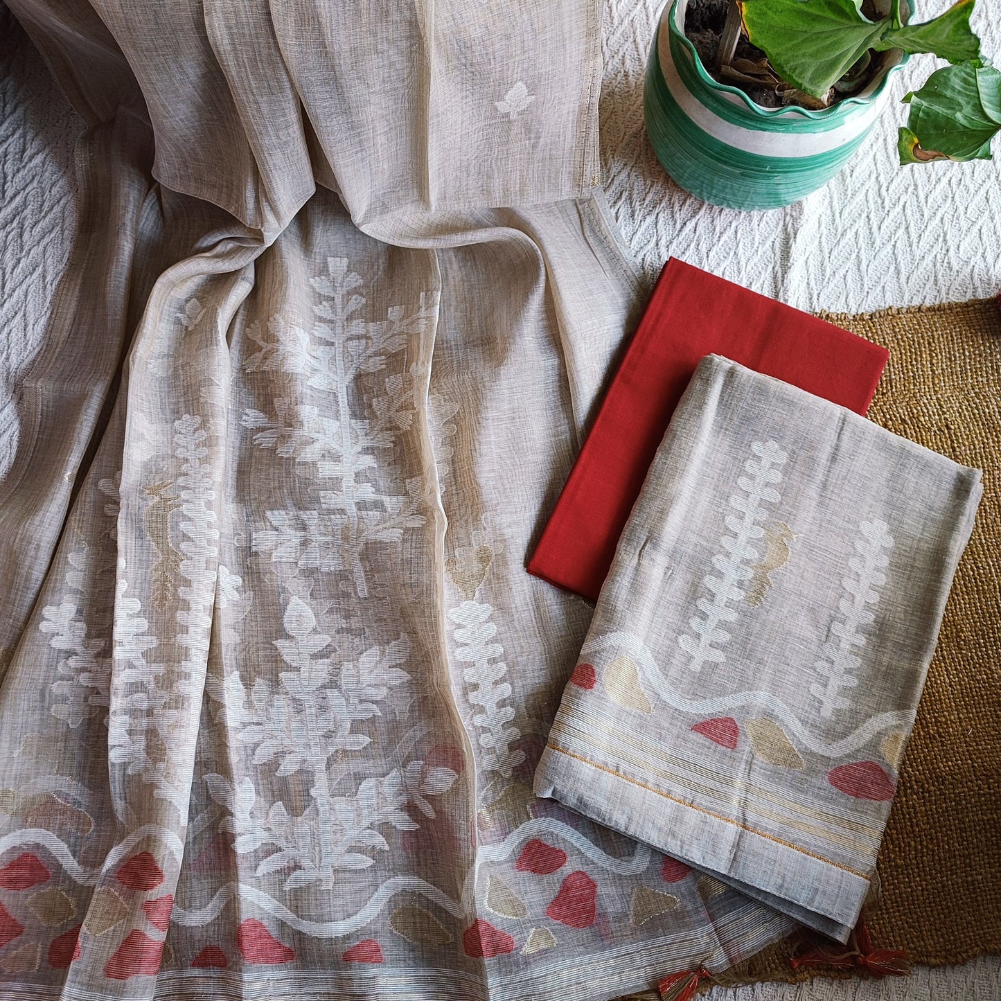 Red and Beige Chanderi Silk by Resham Woven Jamdani Suit