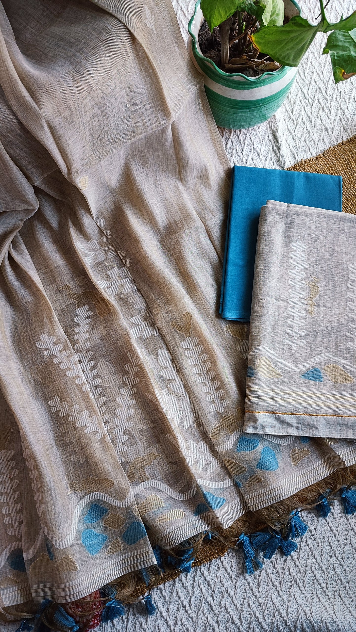 Beige With Blue Hint Chanderi Silk by Resham Woven Jamdani Suit