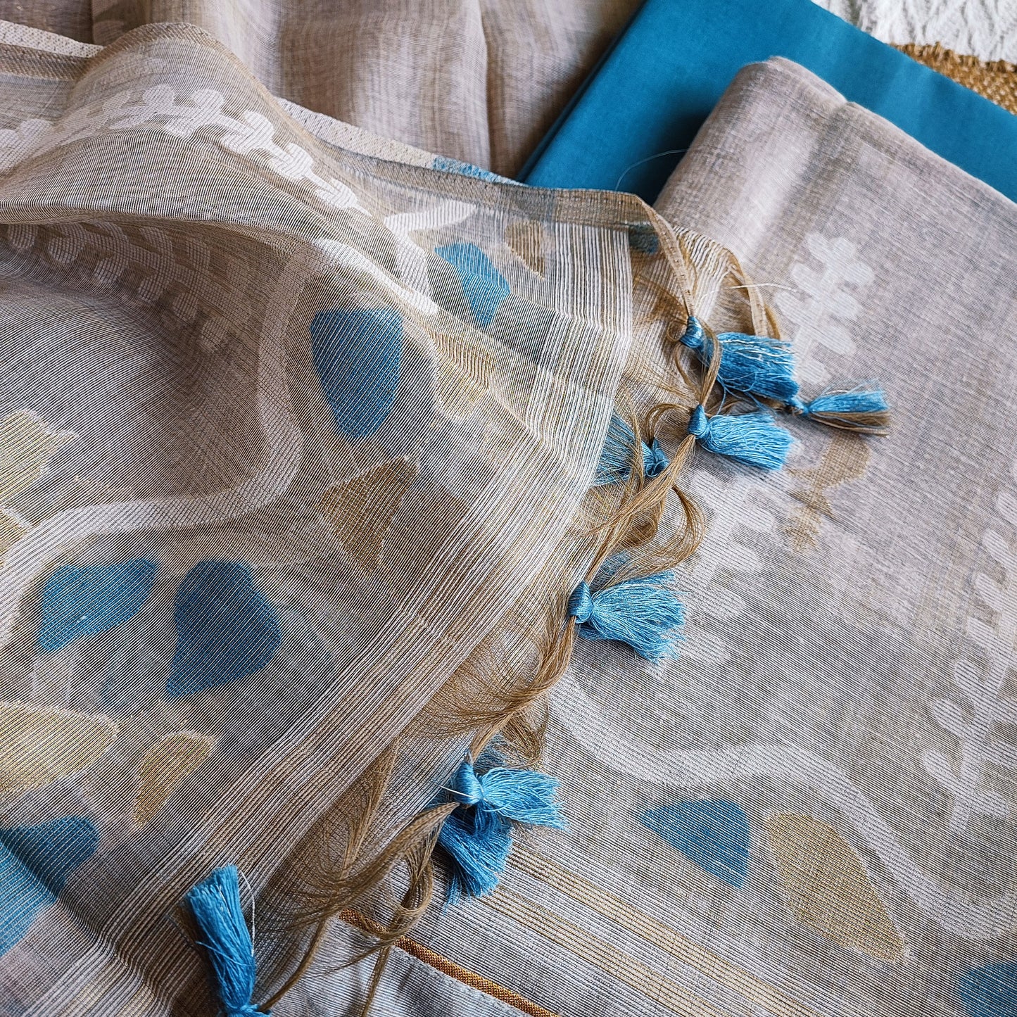 Beige With Blue Hint Chanderi Silk by Resham Woven Jamdani Suit