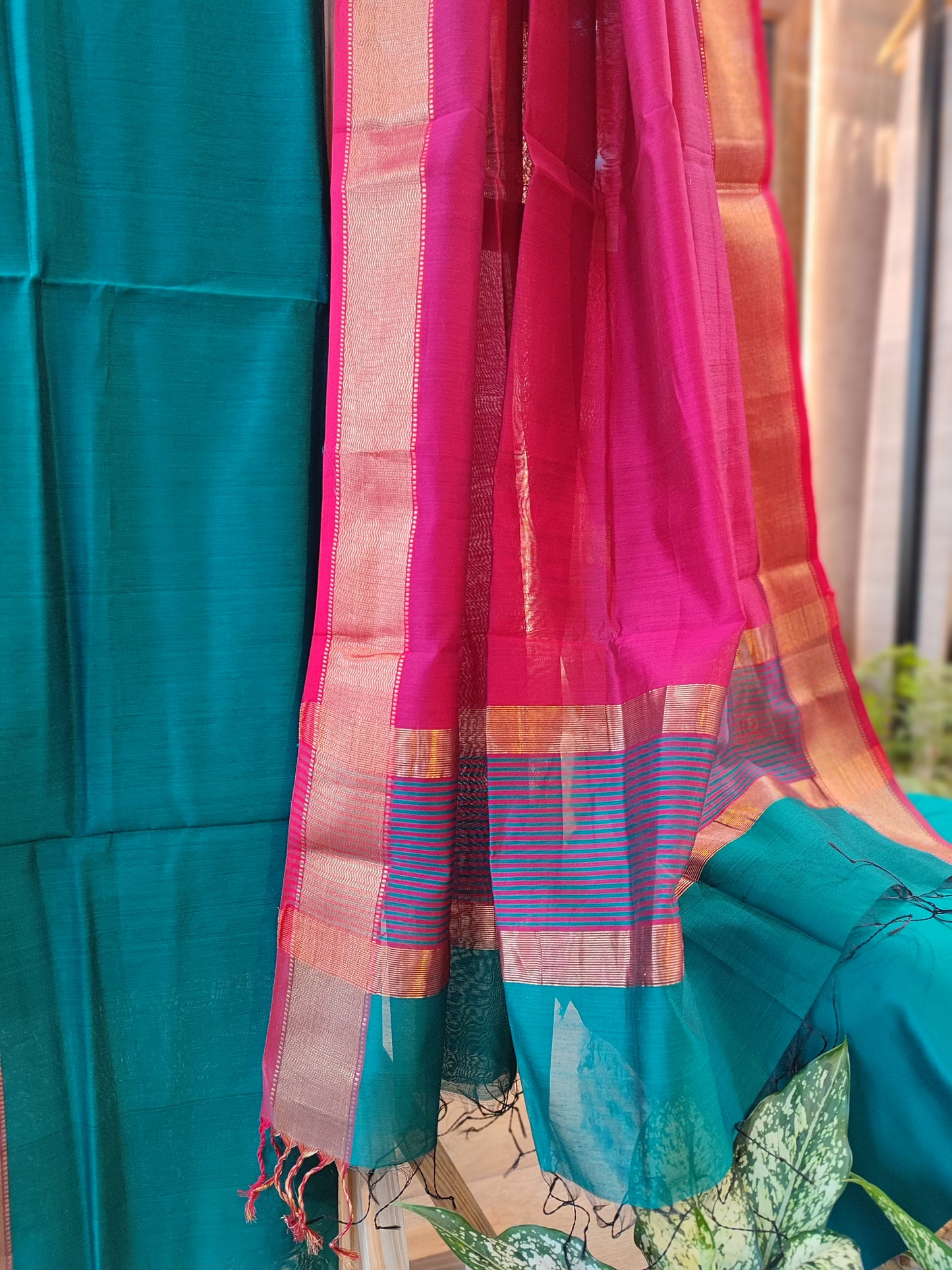 Teal Blue & Magenta Maheshwari Silk Suit Set