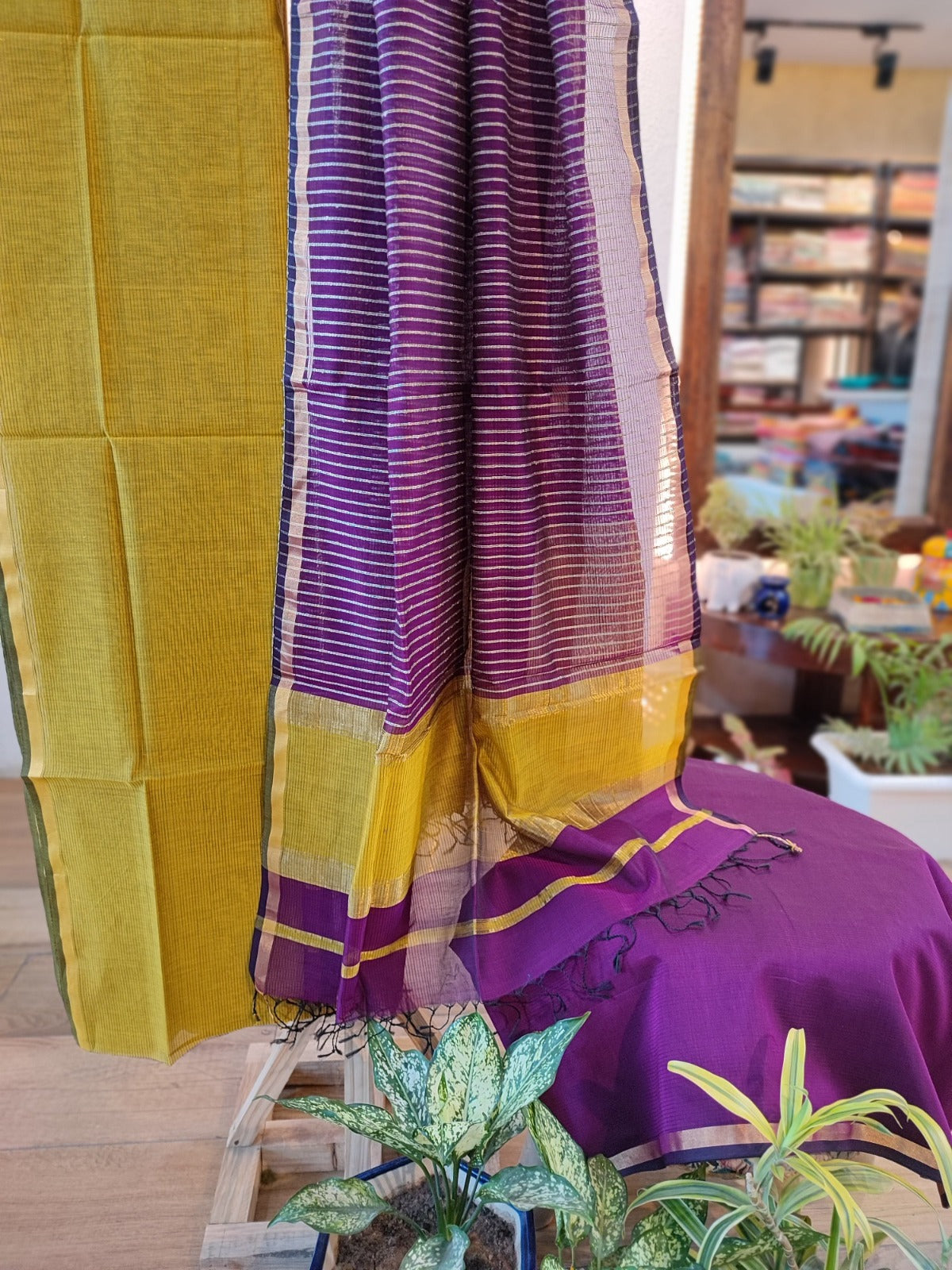Mustard Yellow & Violet Maheshwari Silk Suit Set