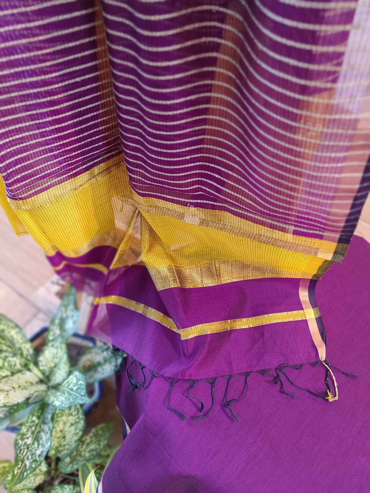 Mustard Yellow & Violet Maheshwari Silk Suit Se