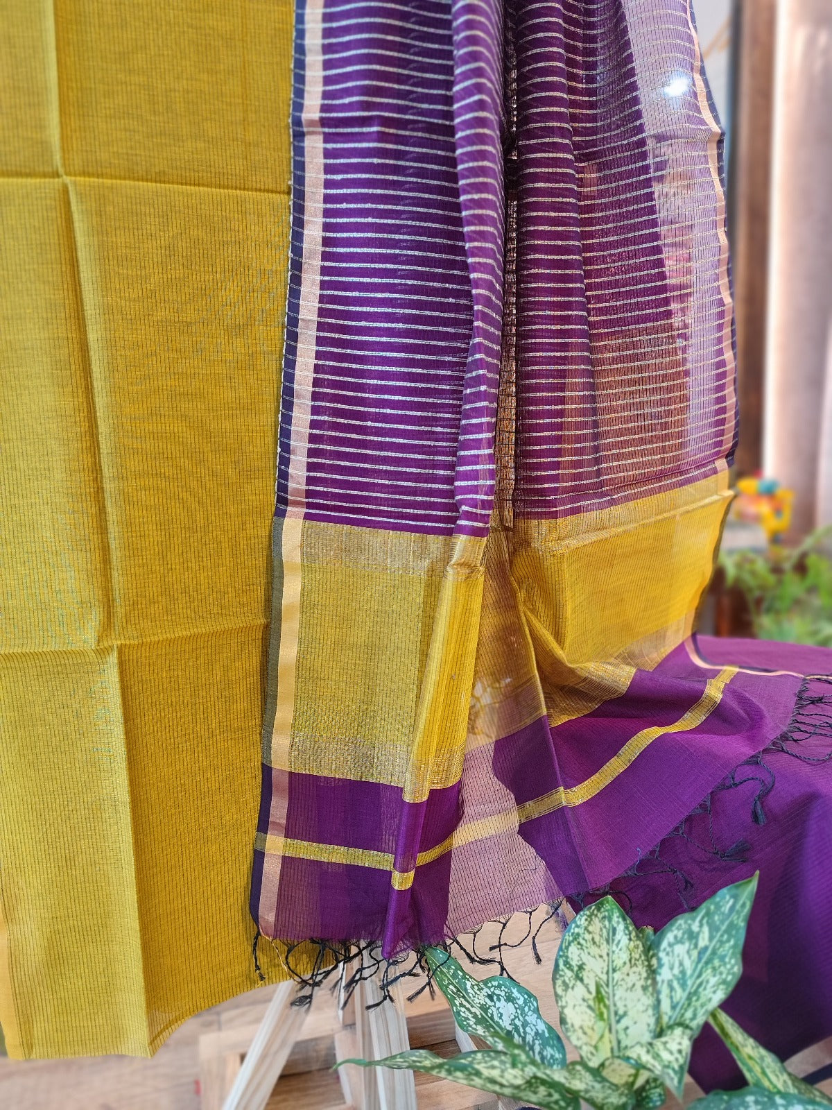 Mustard Yellow & Violet Maheshwari Silk Suit Se