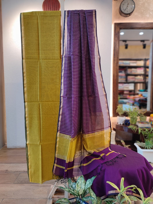 Mustard Yellow & Violet Maheshwari Silk Suit Set