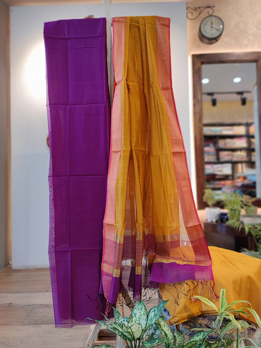 Purple & Mustard Maheshwari Silk Suit Set