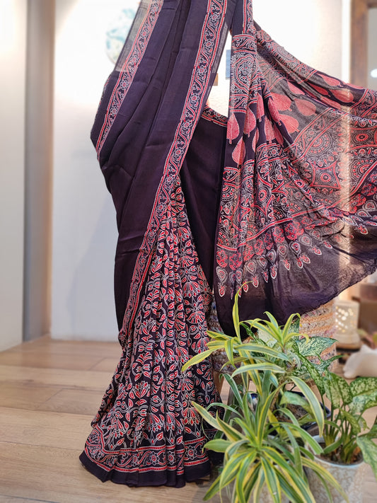 Dark Purple & Red Premium Ajrakh Modal Silk Handblock Printed Saree