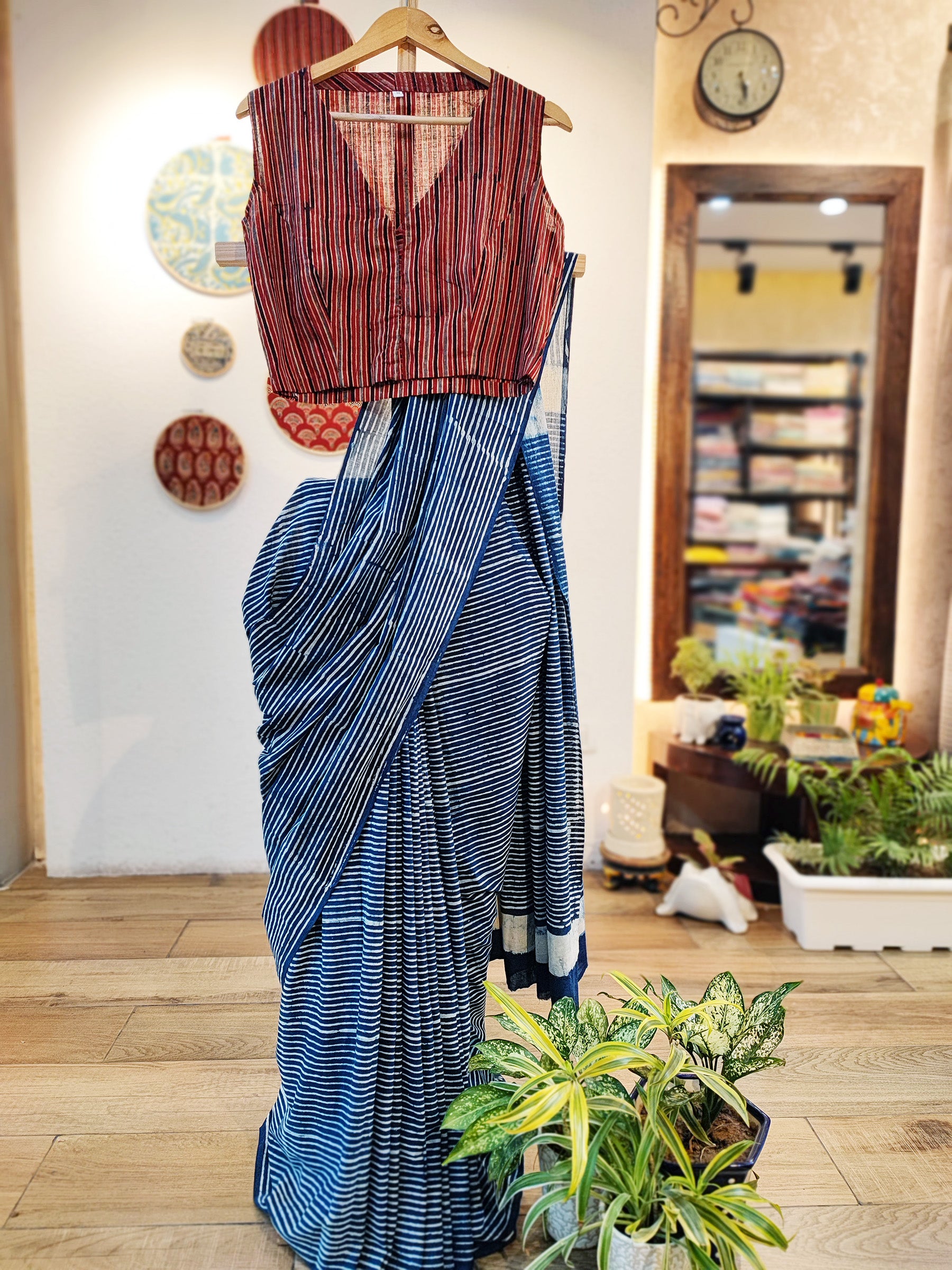 Buy Indigo Striped Handblock Print Cotton Saree Online